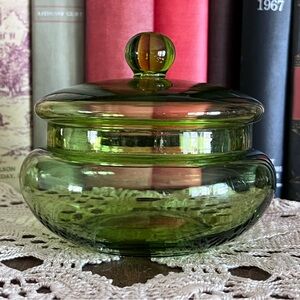 Vintage Emerald Green Glass Lidded Candy Dish / Bonbon Jar – Mid Century